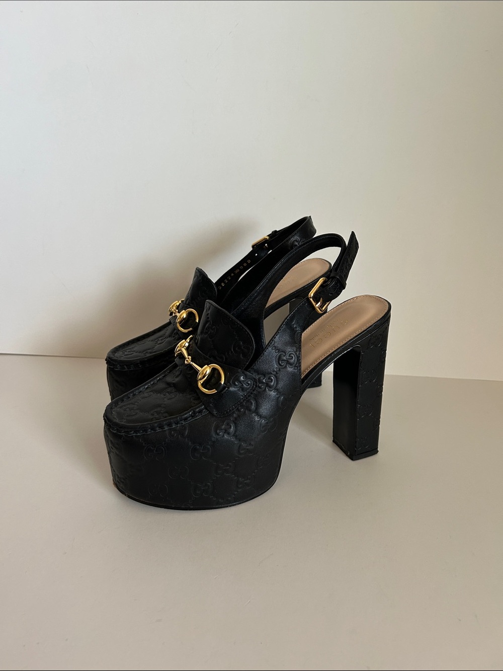 Gucci Black Leather Embossed Horsebit Slingback Clogs